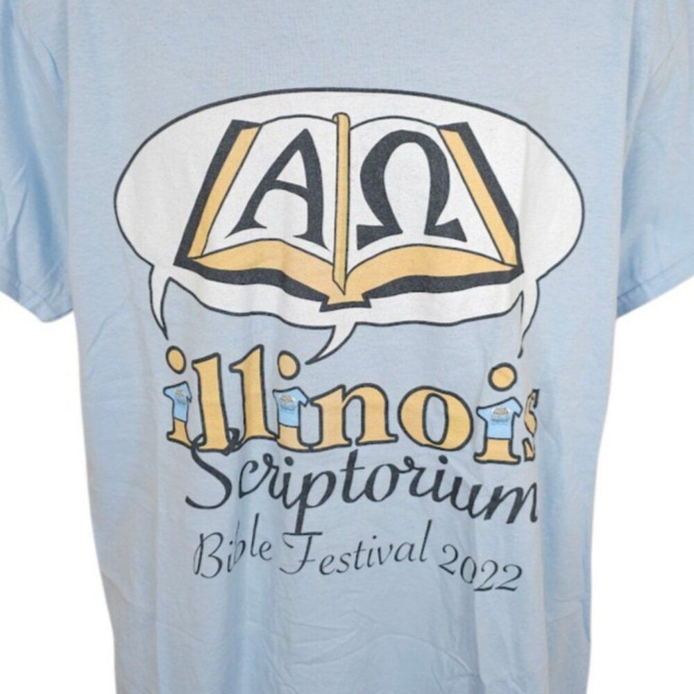 Bible Festival T Shirt Mens Size Large Blue Illinois Scriptorium Alpha Omega